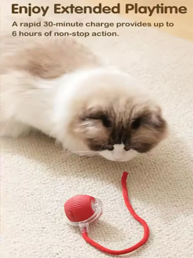 Interactive smart cat ball toy in red with a spherical shape, clear plastic base, and red cord for engaging pet play.
