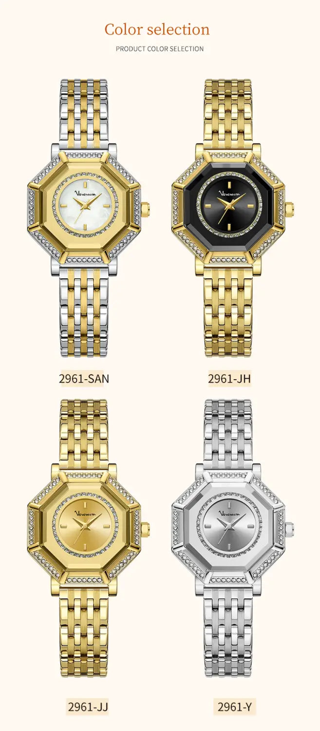 Geometric rhinestone quartz watches with octagonal gold and silver two-tone stainless steel cases and diamond accents around the bezel.
