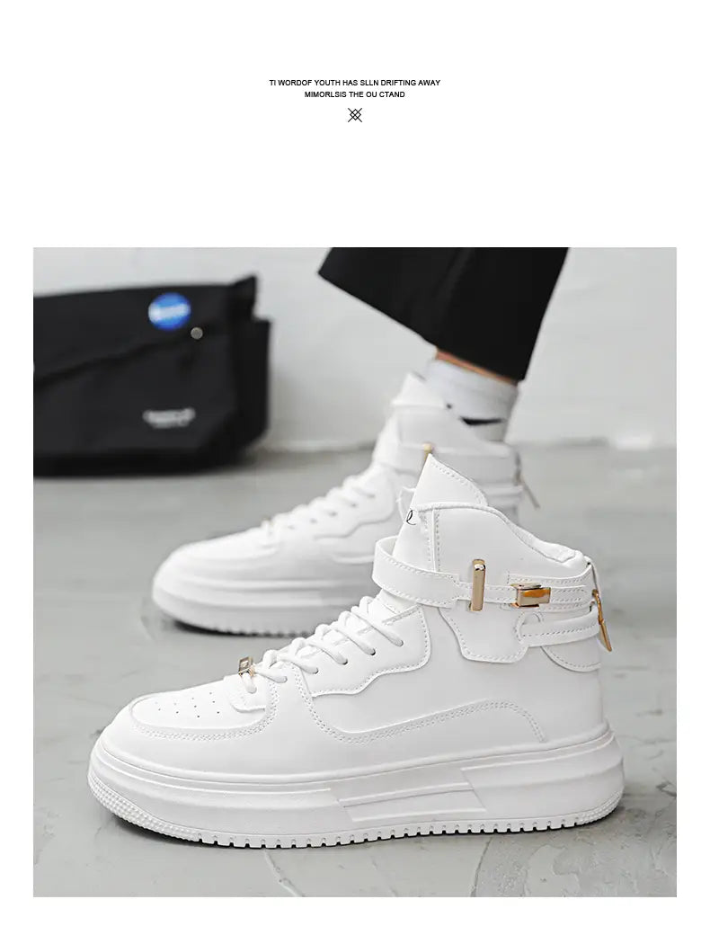 Men white high top sneakers featuring chunky soles and gold tone buckle accents for a stylish and durable look