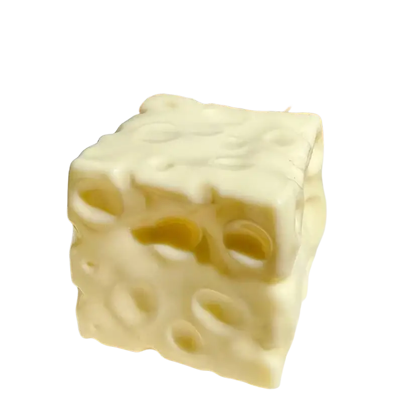A creamy off-white cube-shaped cheese shaped slow rising squishy toy with realistic swiss cheese holes viewed from front