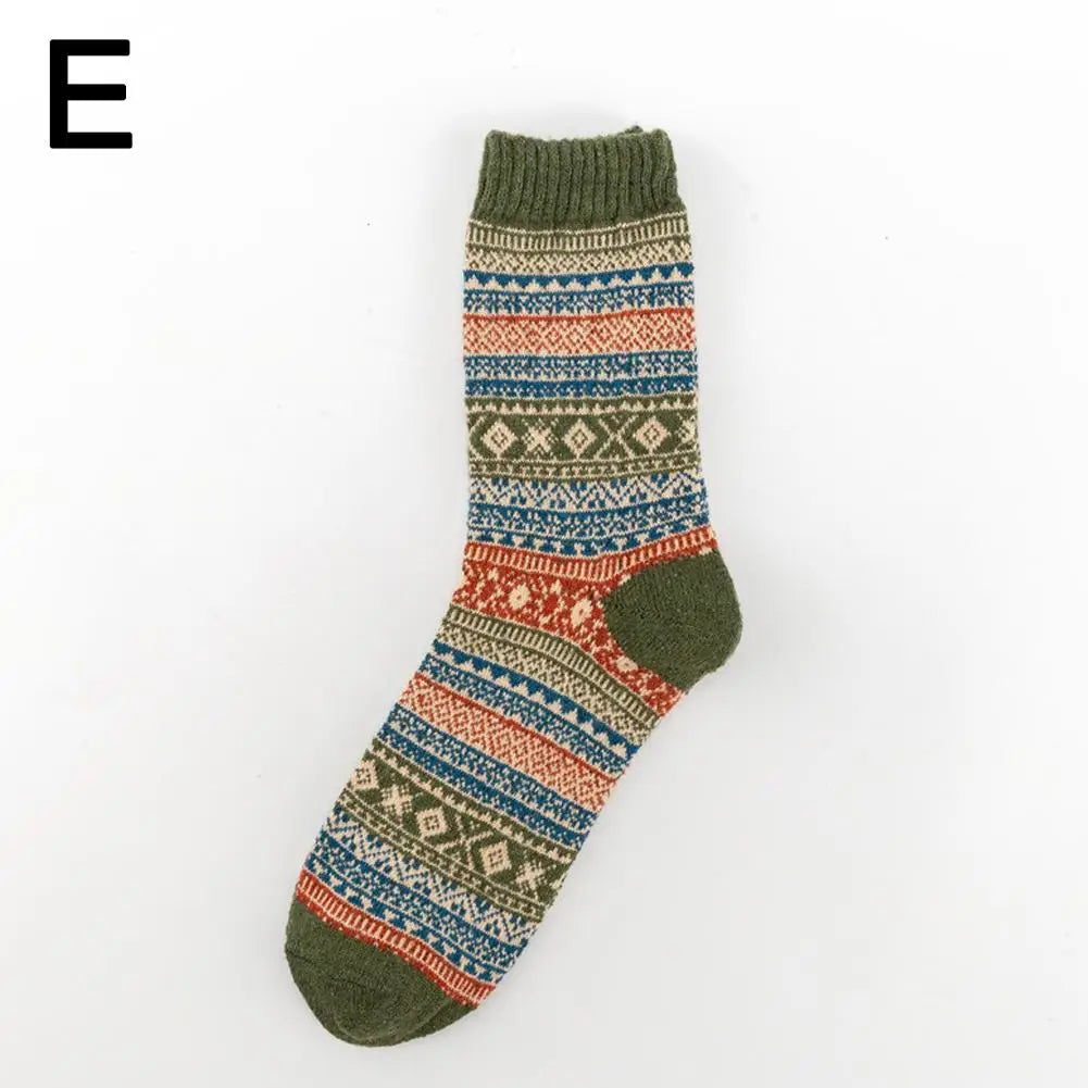 olive green and terracotta patterned knit men retro cotton crew socks mid-high tube with geometric nordic-inspired designs ideal for fashion trend and thermal wear.