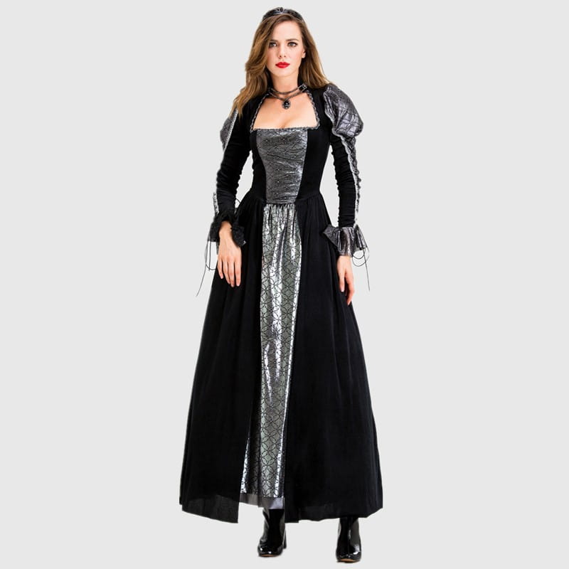 Black and silver gothic vampire queen costume black velvet gown featuring a corseted bodice, lace-up sleeves, and metallic patterned panels.