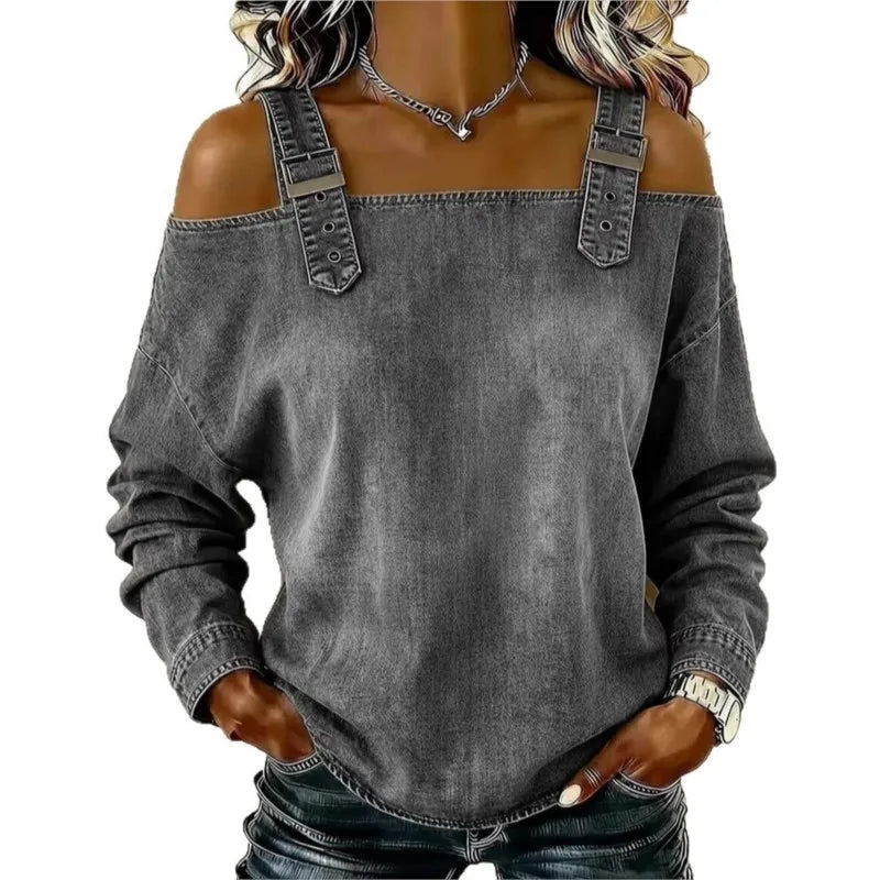 Women's Blouses Spring Summer Fall New Style Casual One-line Tie Shoulder Strap Long-sleeve Top Fashion Shirt For Women Clothing