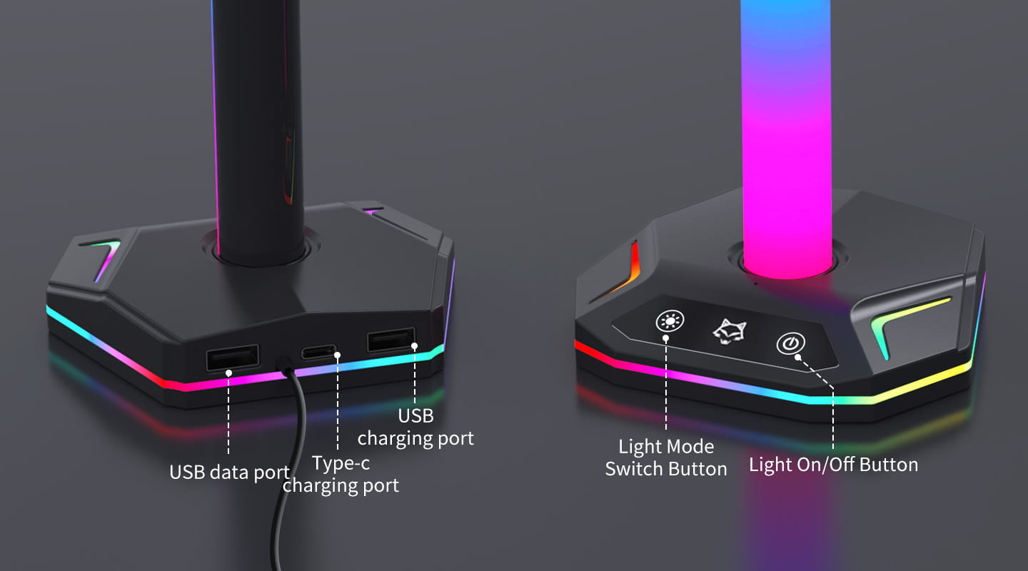 Support d’écouteurs RGB octogonal noir et porte-manette pour PS5 : éclairage RGB et plusieurs ports USB pour une connectivité améliorée.