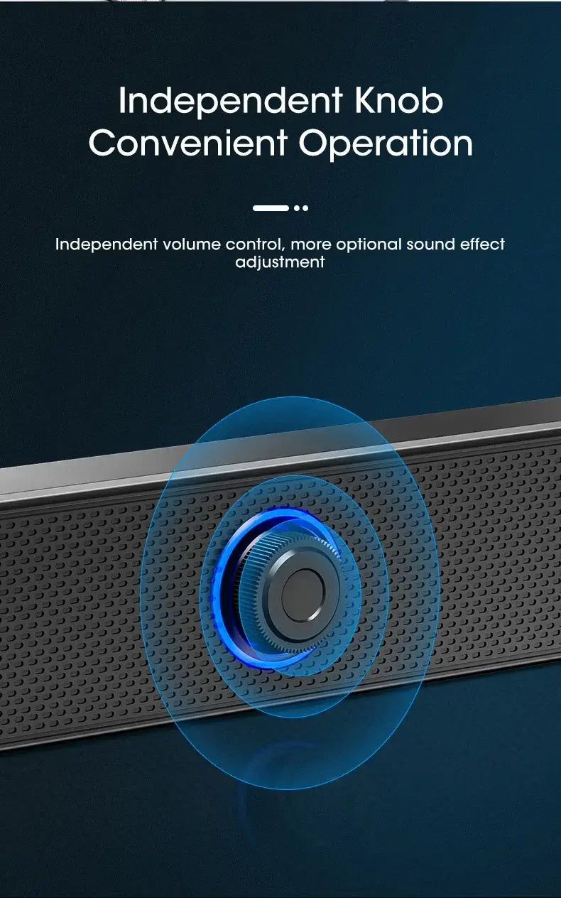 Bluetooth computer speaker wireless desktop soundbar in black textured material featuring a glowing blue circular knob for independent volume control.