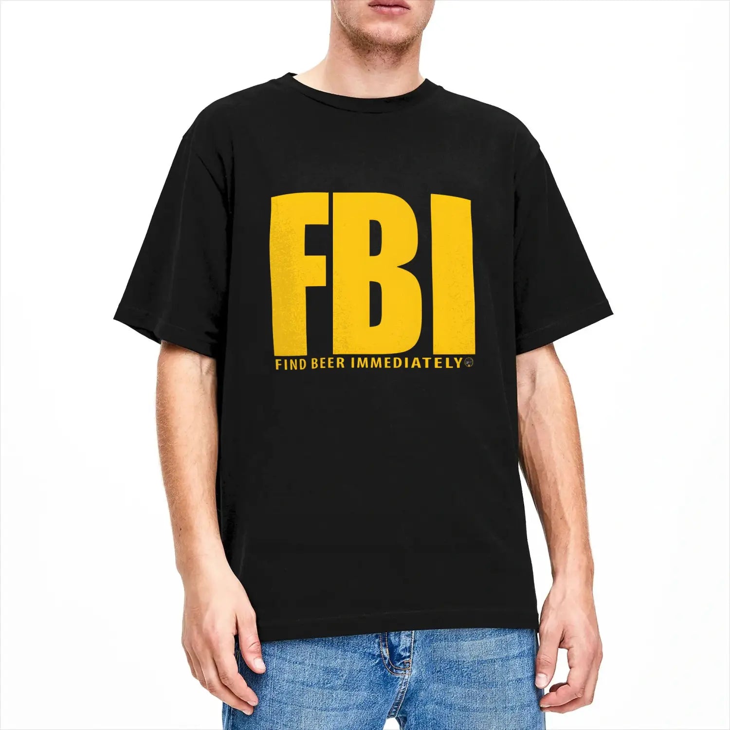Men’s black cotton short-sleeved t-shirt with bold yellow fbi lettering and the phrase find beer immediately printed below.