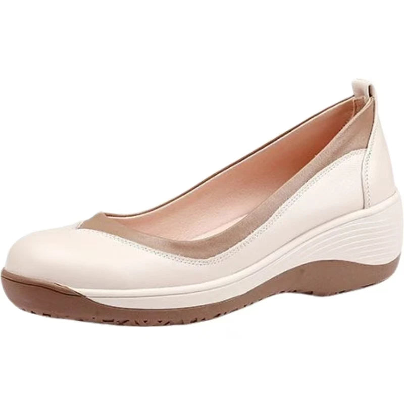 Women's Leather Wedges Casual Shoes Spring Autumn New Thick Sole Non Slip Shallow Slip On Round Toe Lightweight Work Shoes