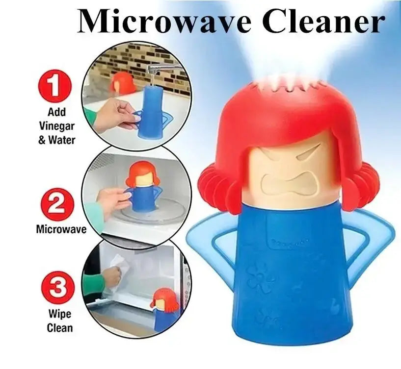Nettoyant à vapeur pour micro-ondes bleu et rouge, en forme d’une femme de style dessin animé au visage en colère, conçu pour un nettoyage efficace au micro-ondes.