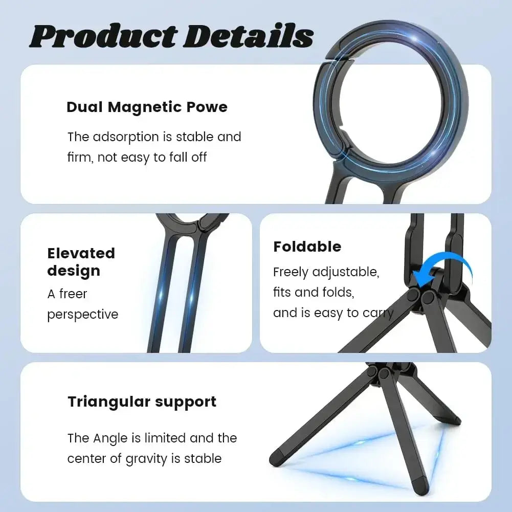 Black foldable ring light stand with magnetic base and triangular support designed for phone use front view
