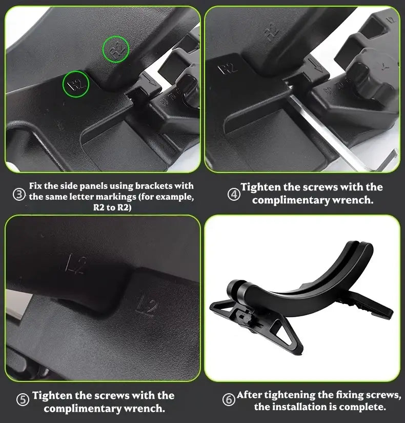 Support pour boucle de ceinture de sécurité de voiture en plastique noir, avec marquages de lettres moulés et orifices de vis intégrés, en tant que partie d’un support de stationnement pour vélo réglable et d’un rack de rangement.