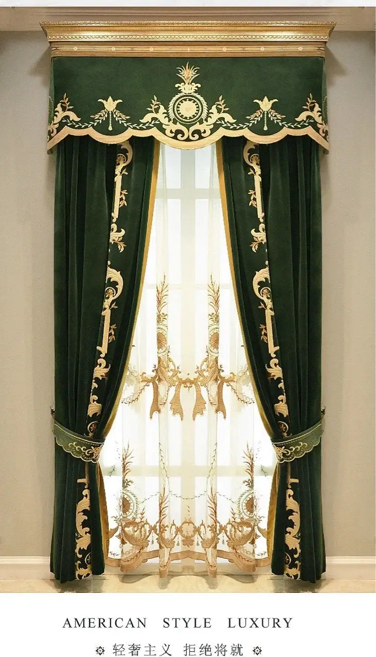 french green velvet embroidered curtains featuring deep emerald velvet fabric with intricate gold embroidery and matching sheer panels, framed by an ornate golden valance with tassel tieback beads.