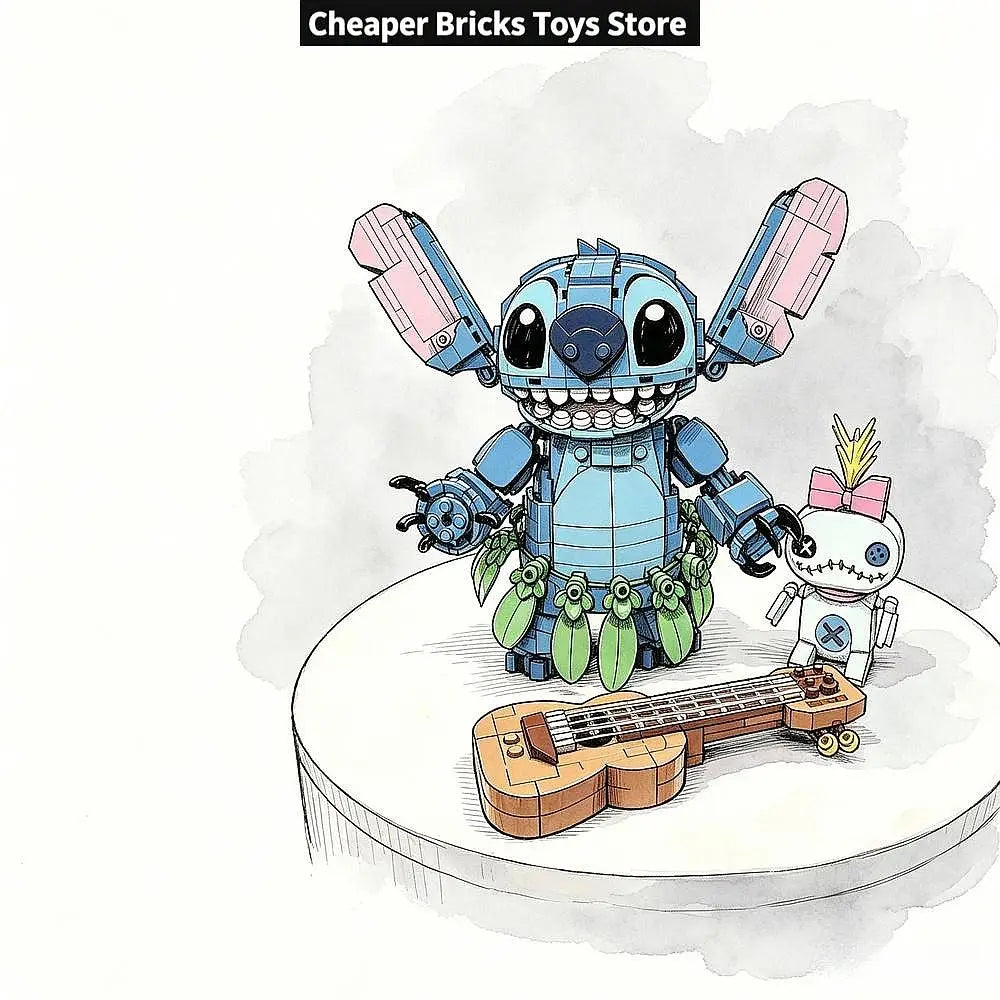 blue robotic stitch lego set with pink accents and green leafy garland standing beside a small white robot companion on a display pedestal from mainland china suitable for recommend age without high-concerned chemical materials in stitch building blocks toy compatible with lego.