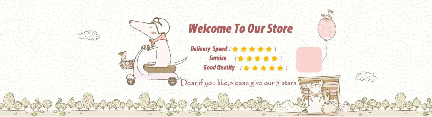 welcome to our store banner with a cartoon dog riding a scooter a pink balloon and two cats in a wooden box alongside a garfield keychain rubber anime cat key pendant.
