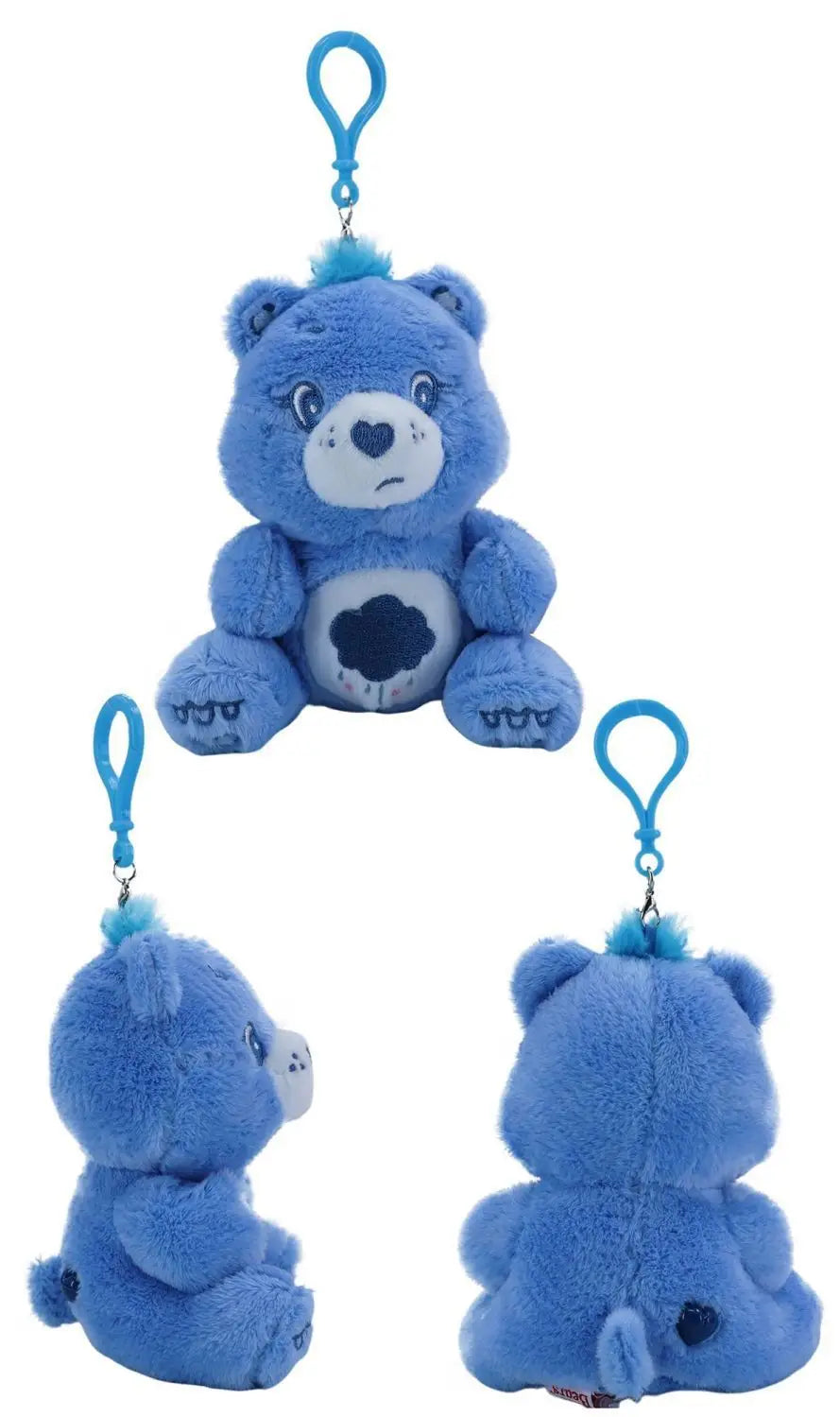 Blue plush care bears bag pendant keychain toy featuring a soft fuzzy texture with embroidered facial details and a cloud-shaped belly patch.