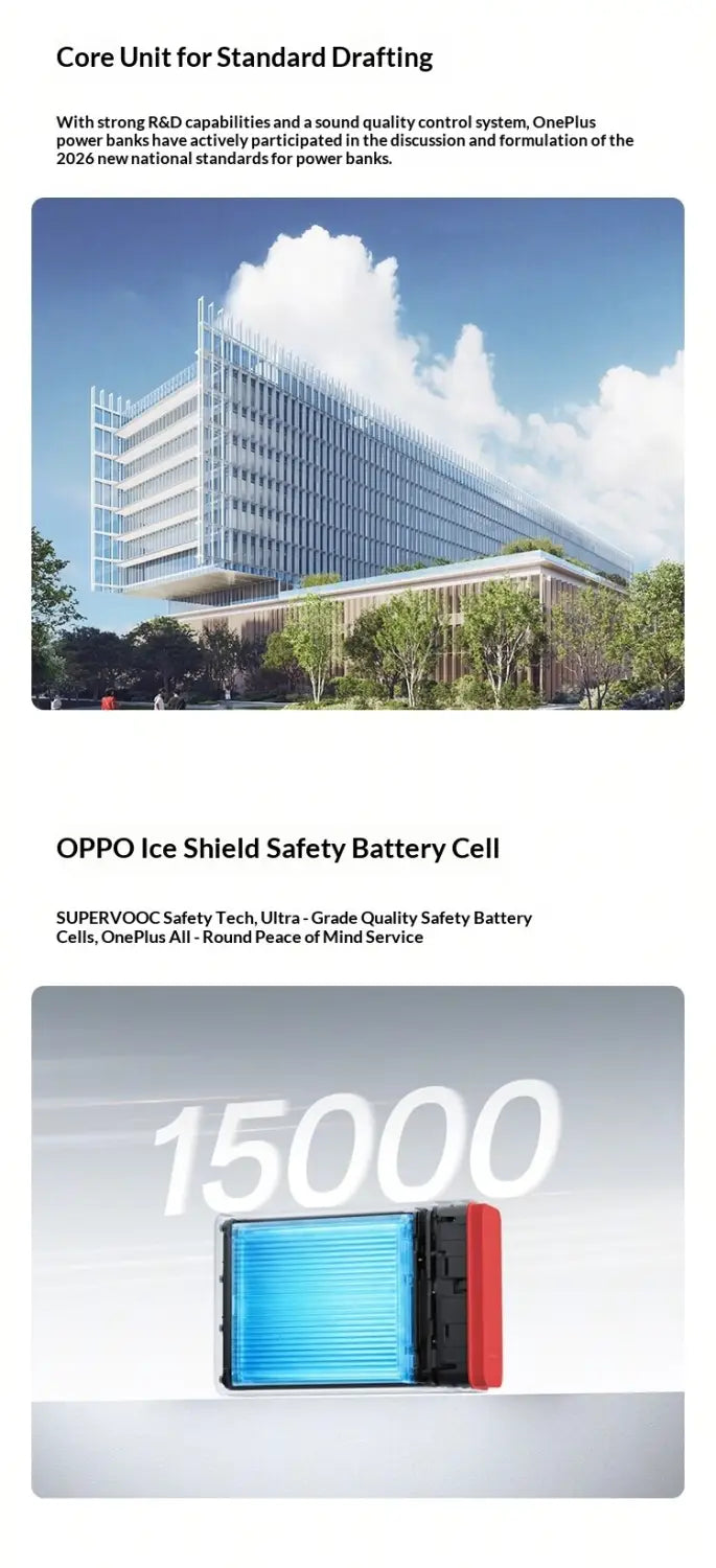 Blau-rote rechteckige tragbare Powerbank mit gitterartigem Muster auf der Oberfläche, für Oppo mit 120-W-Ausgangsleistung und 15000-mAh-Kapazität ausgelegt