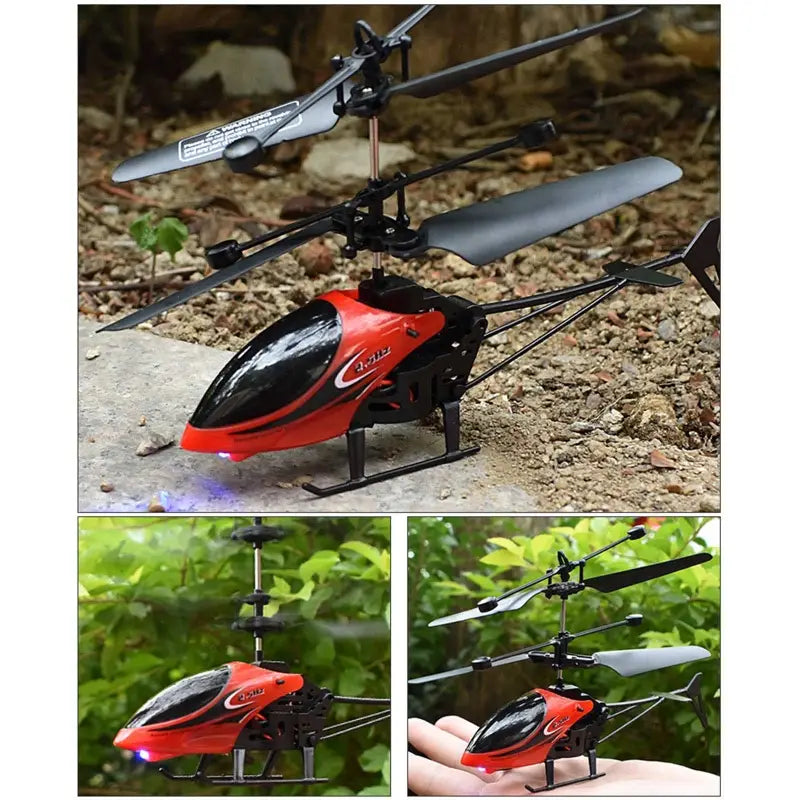 Red and black remote control helicopter toy with a sleek glossy finish and illuminated blue LED light at the front package includes remote control aircraft features.