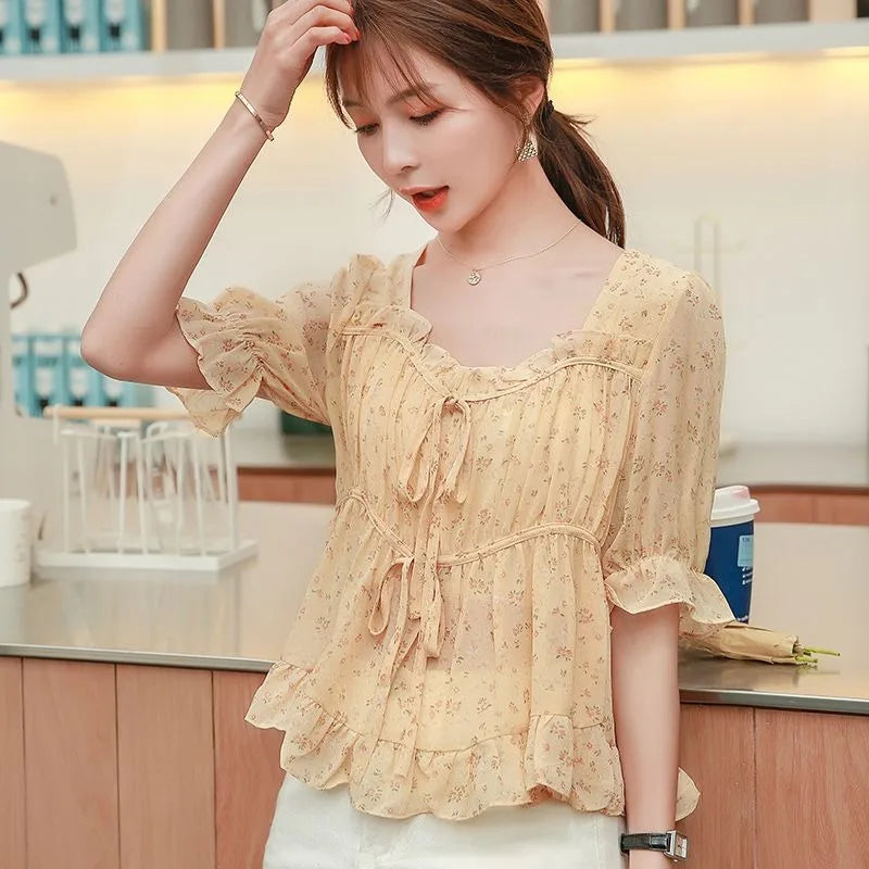 Shirts & Blouses for Women Simple Woman Top Ruffleswith Print New Collection 2025 Fashion Korea Stylish Summer Novelties M Tall
