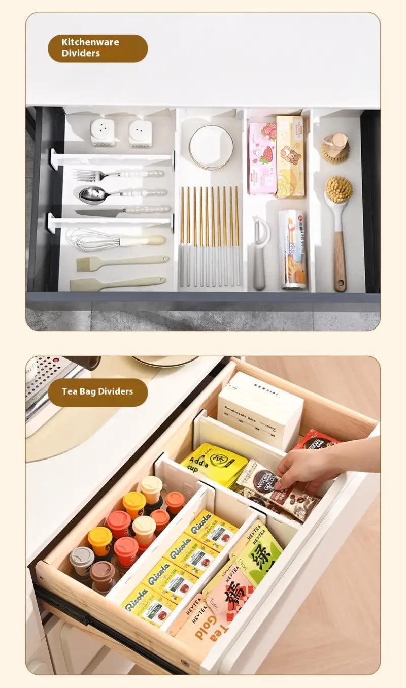 Ustensiles de cuisine en bois de couleur claire exposés avec des séparateurs d’organisateur de tiroir en plastique réglables, dotés d’une conception à combinaison libre et de compartiments pour ustensiles, cuillères, baguettes, brosses et sachets de thé.
