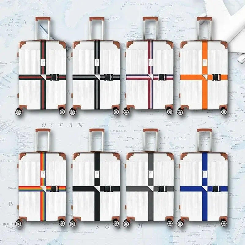 Weiße Hartschalenkoffer mit braunem Besatz, gesichert durch verstellbare, strapazierfähige Gepäckriemen in den Farben Schwarz, Rot, Violett, Orange, Regenbogen, Grau und Blau.