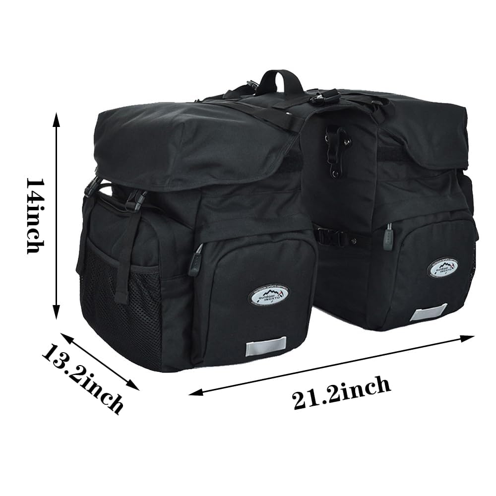 Schwarze Ztz 50l wasserfeste Doppelfahrradtaschen mit Mesh-Seitentaschen und reflektierenden Streifen, dargestellt von der Rückseite.