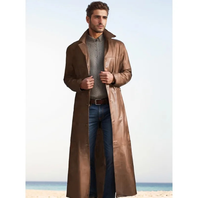 New Spring Men's Faux Leather Clothing Fashion Suit Collar Casual Versatile Over-the-Knee Leather Jacket PU Coats
