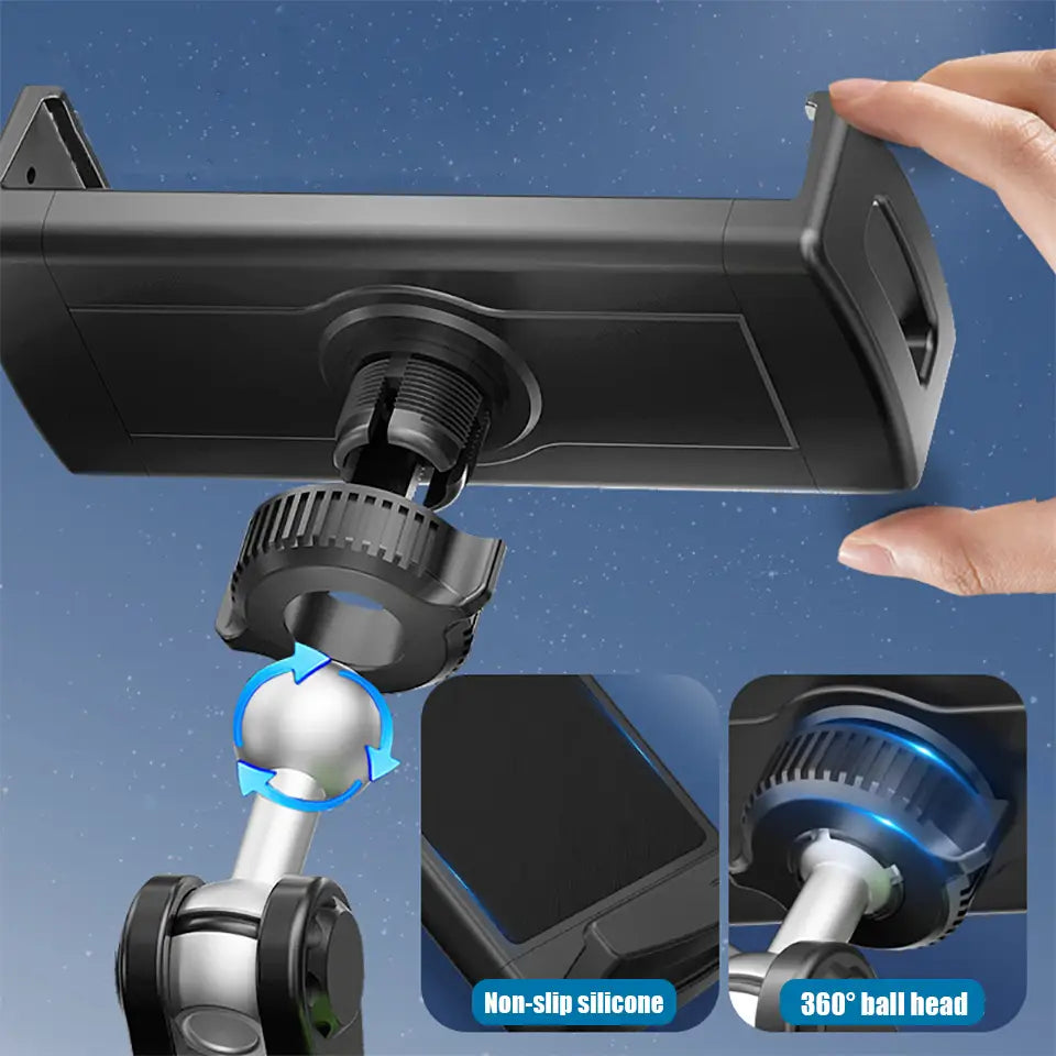 black plastic tablet holder with a suction cup windshield mount featuring a 360-degree ball head and non-slip silicone grip for similar size devices