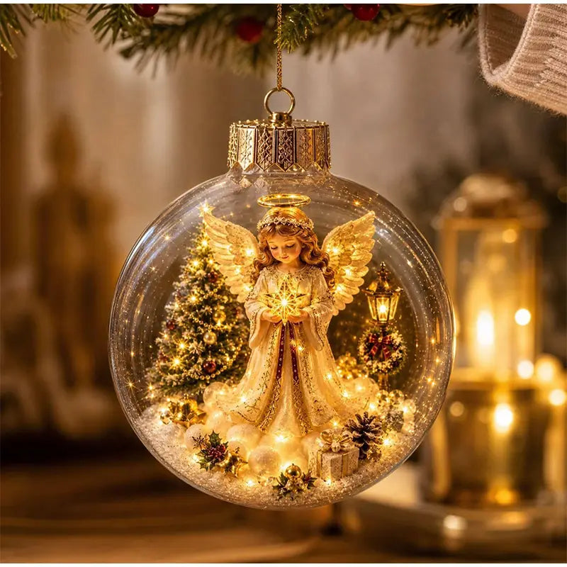 Une figurine d’ange doré, avec des ailes détaillées et un halo, enfermée dans une boule d’ornement de Noël en verre transparente illuminée remplie de petites lumières et de décorations festives.