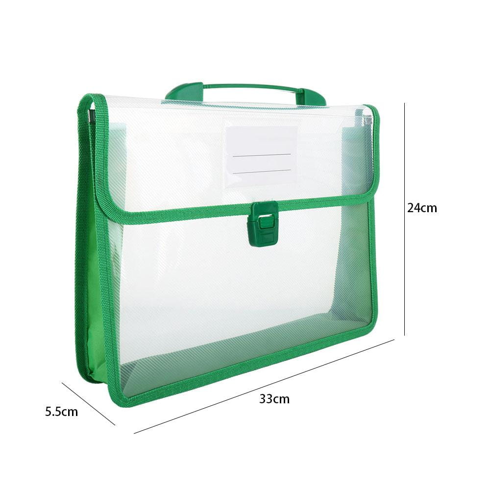 Pochette-sac de rangement pour documents A4 extensible avec corps transparent à bordure verte, côtés en maille et poignée supérieure pour un transport facile.