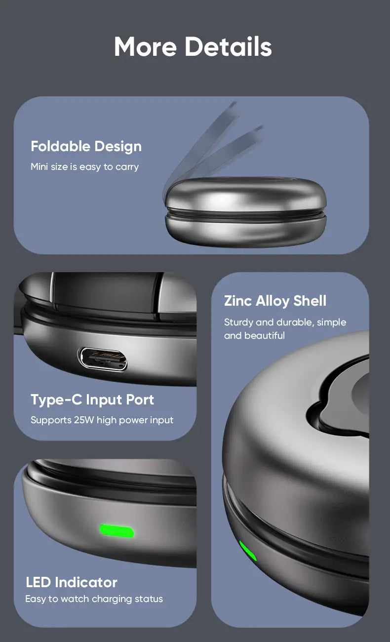 Compact sleek silver zinc alloy foldable 3-in-1 magnetic wireless charger with type-c input port designed for portable use