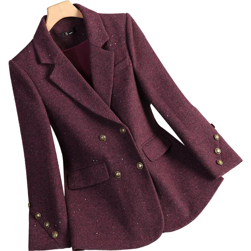 Women Wool Blazers Autumn Winter Jacket Coat New High-end Temperament Casual Suit Ladies Office Double Breasted Blazer Outerwear