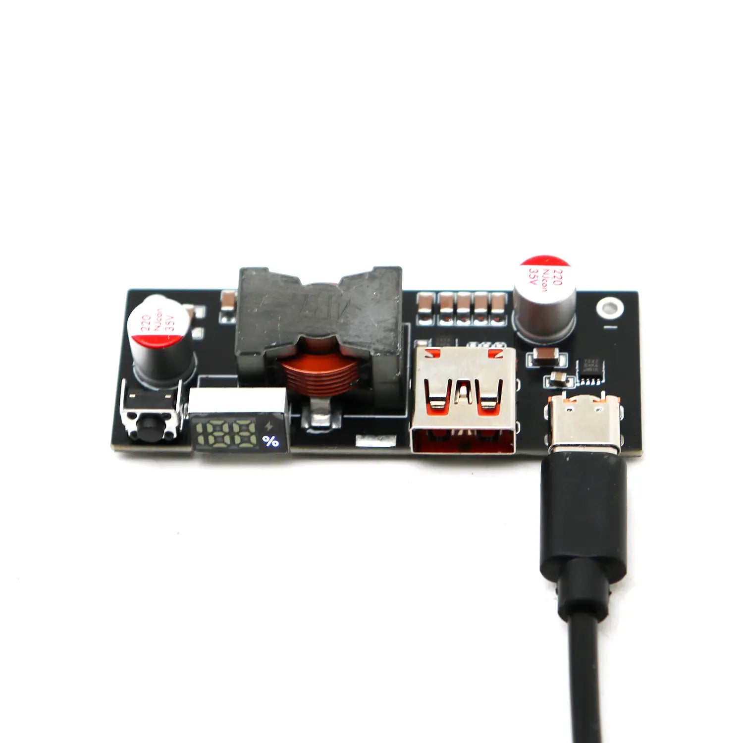 Black 100w Pd3.1 fast charger power bank module Bms featuring red and silver capacitors, a digital voltage percentage display, and dual usb-a and usb-c ports.