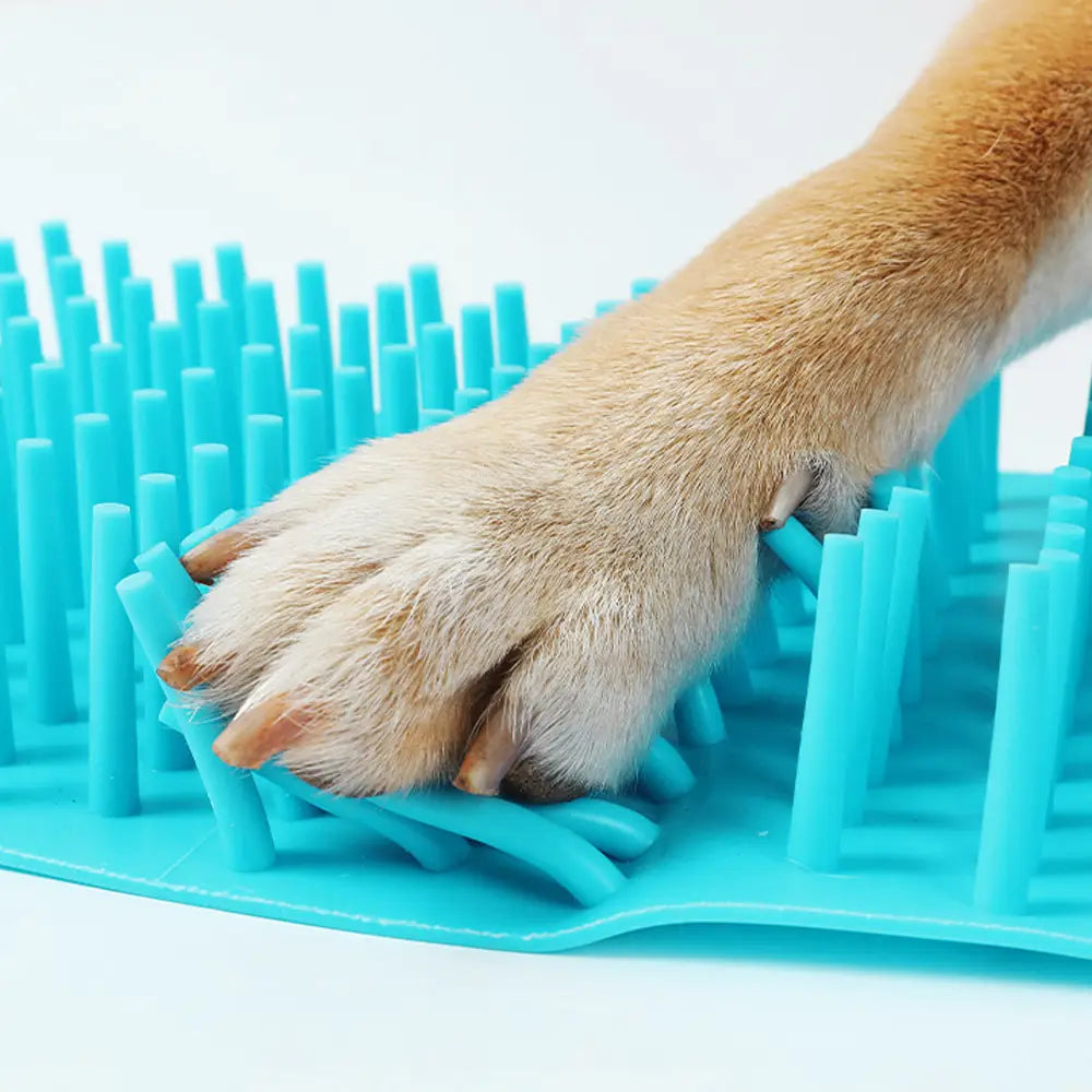 Taza de silicona para limpieza de patas en color azul intenso en tamaño mini con cerdas flexibles para lavar y acicalar las patas de los perros.
