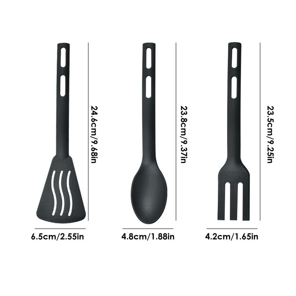 Set of three black silicone camping kitchen utensils including a spatula, spoon, and fork designed for nylon cookware use.