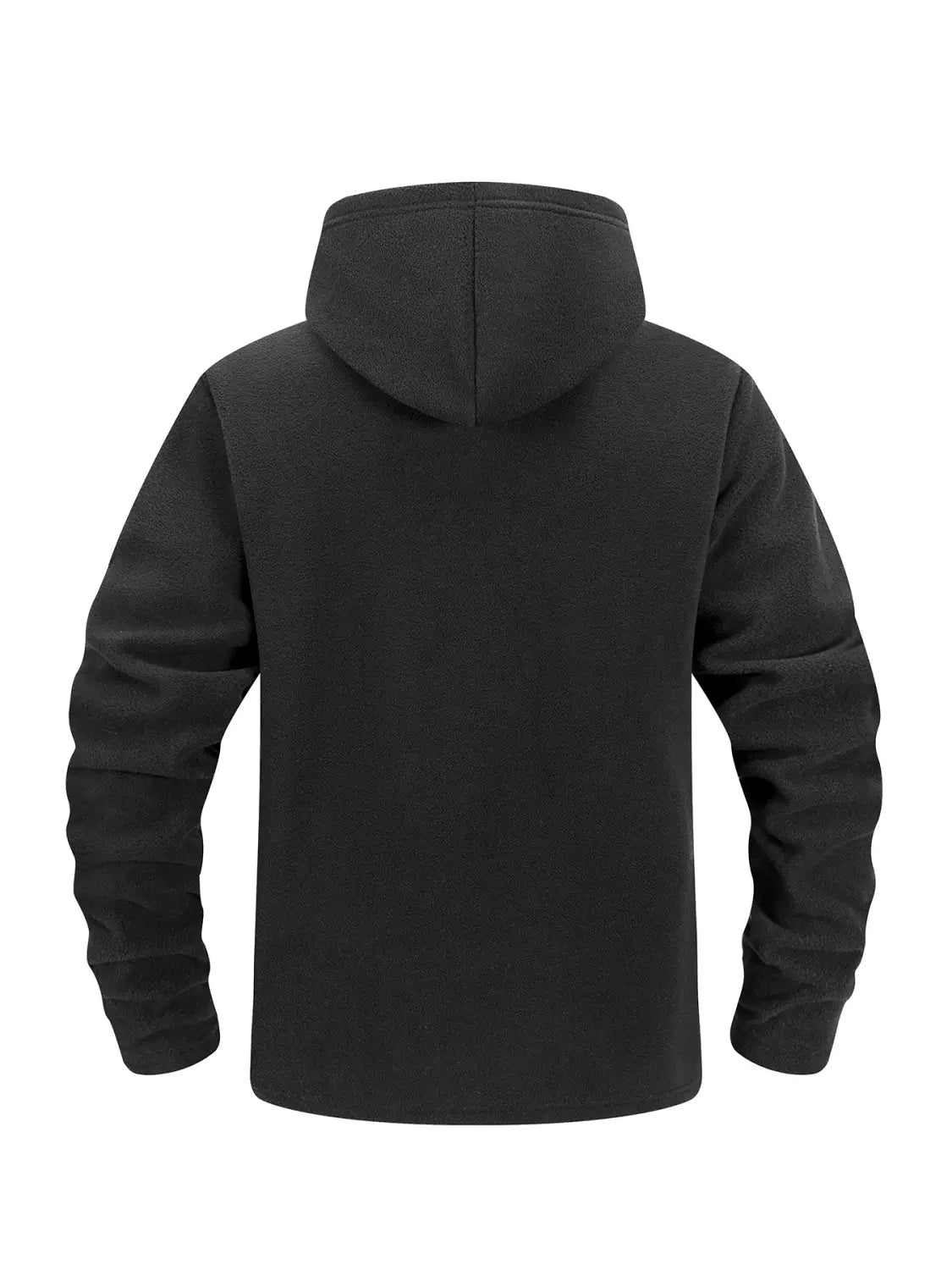 chaqueta polar táctica negra con capucha para hombre, con cremallera completa, mangas largas, puños acanalados y material cálido.