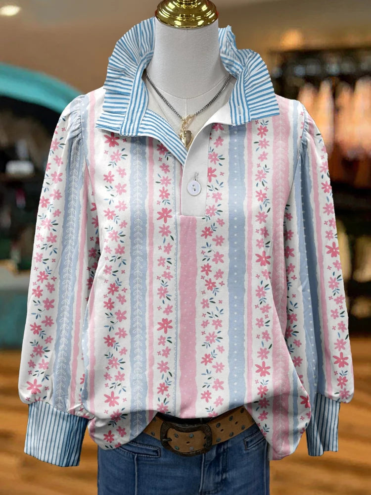 Women Long Sleeve Shirt Blouse Floral Print Casual Tops Spring Autumn Trendy Fashion Stripe Collar Button Down Shirt for Women