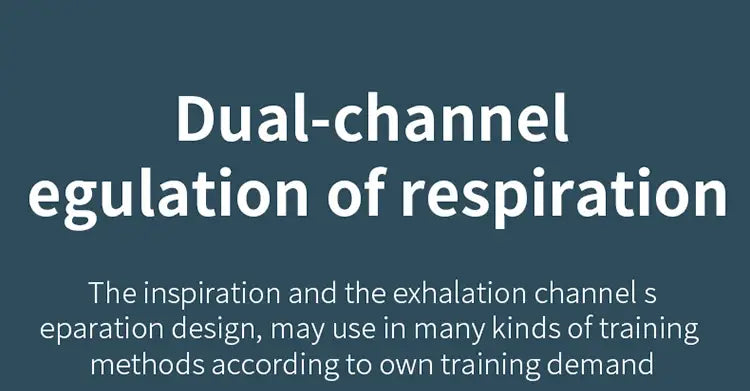 The dark teal respiratory trainer lung fitness device displays white text detailing dual-channel regulation of respiration on its surface.