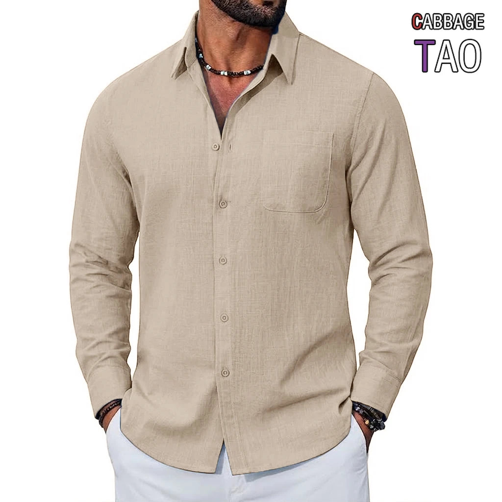 Mens New Premium Long Sleeve Linen Shirts Breathable Cotton Tops Elegant Lapel Button Hawaiian Tees Perfect Wear for Modern Men