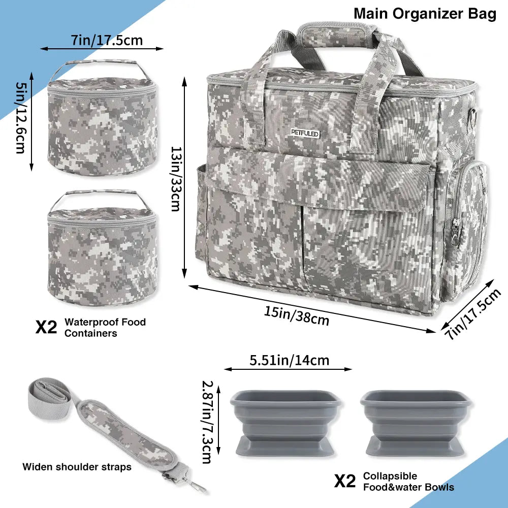 Sac de voyage pour chien camouflage numérique gris, doté d’une fermeture éclair, comprenant plusieurs compartiments et des poignées robustes pour un transport des animaux organisé.