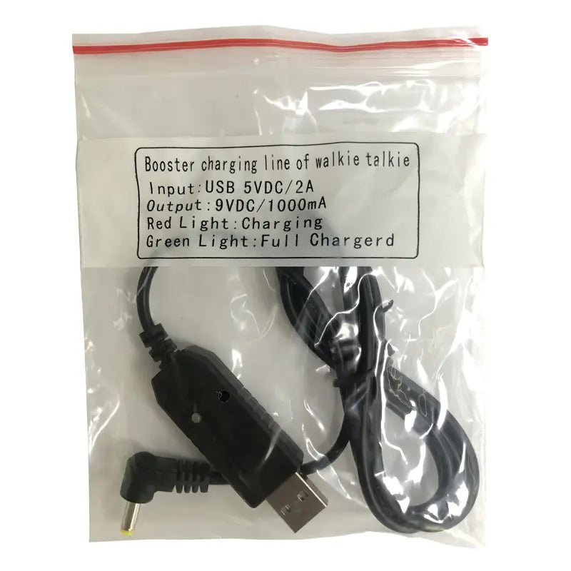 Black usb charging cable for uv10r walkie talkie featuring a usb-to-9v booster line with red led indicator for charging and green for full charge