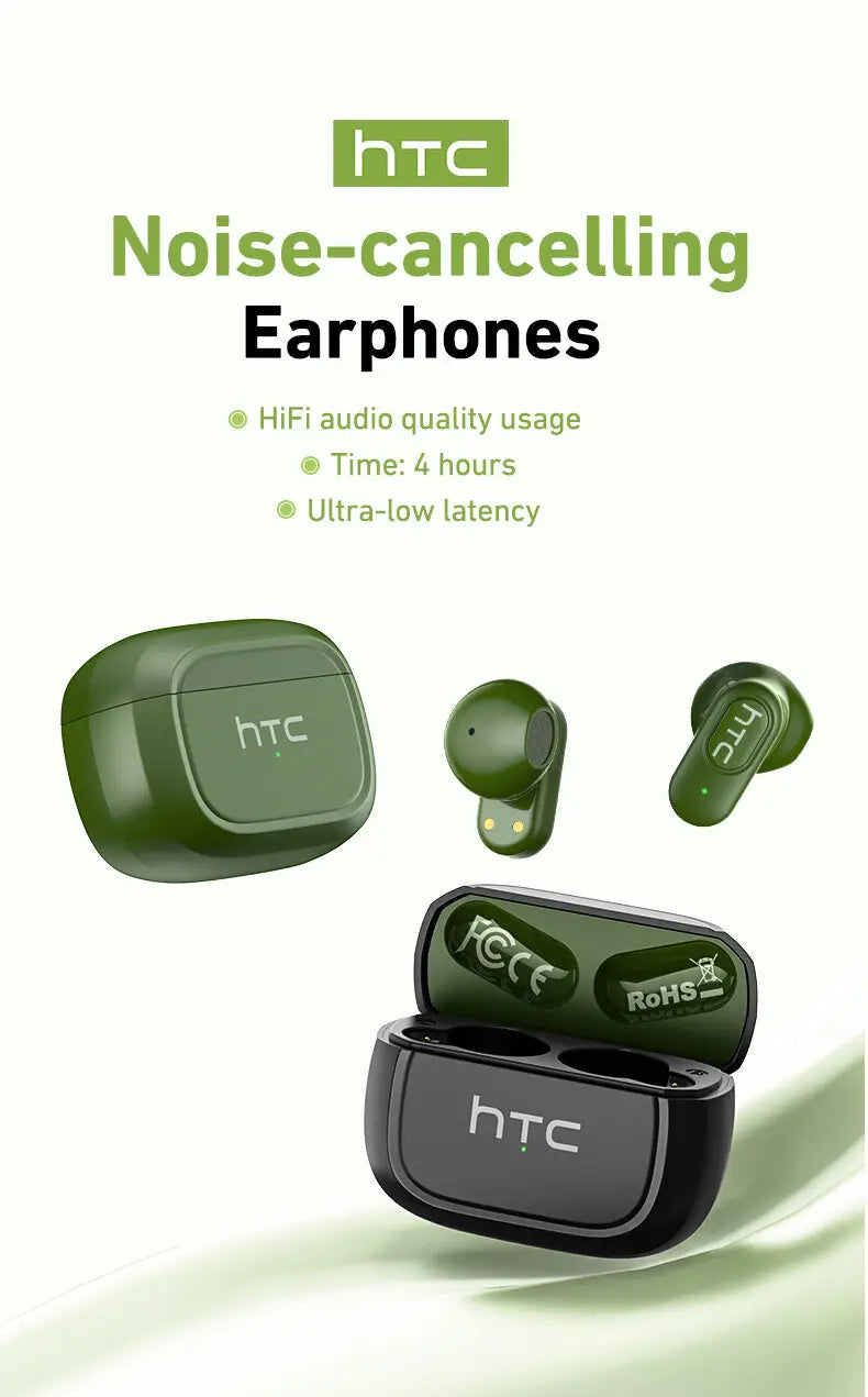 ノイズキャンセリング機能を備えたオリーブグリーンのHTC Ne51 Bluetooth完全ワイヤレス（TWS）イヤホンで、洗練されたマット仕上げの充電ケースが付属しており、高度なBluetoothバージョンの接続性を示します。