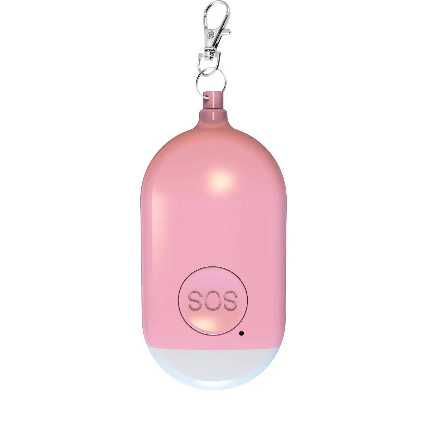 Pink oval-shaped rechargeable personal alarm keychain with a silver keychain attachment and glowing white base emitting 130db sound for personal safety.