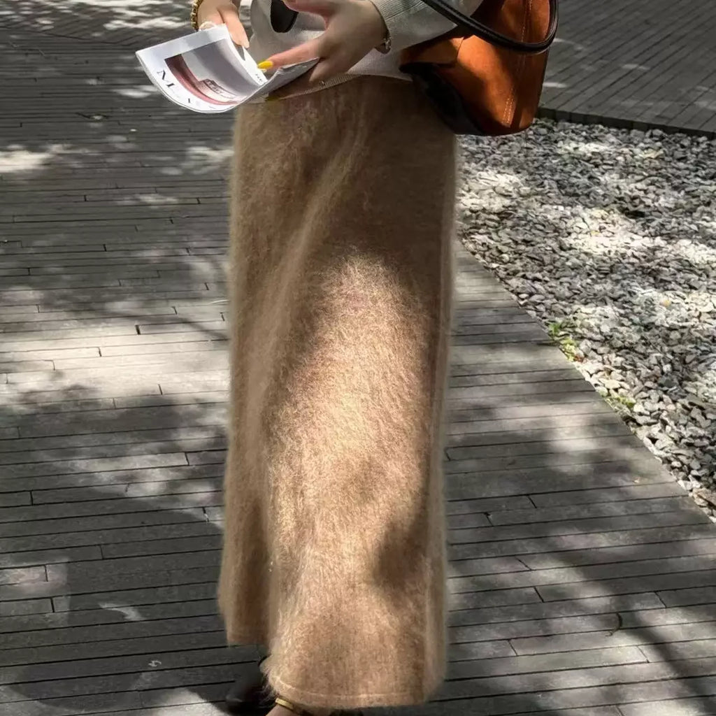 Women's Fall Winter Hairy Fuzzy Mohair Wool Brushed A-Line Maxi High Waist Flared Long Skirt Warm Draped Elegant Midi Skirt