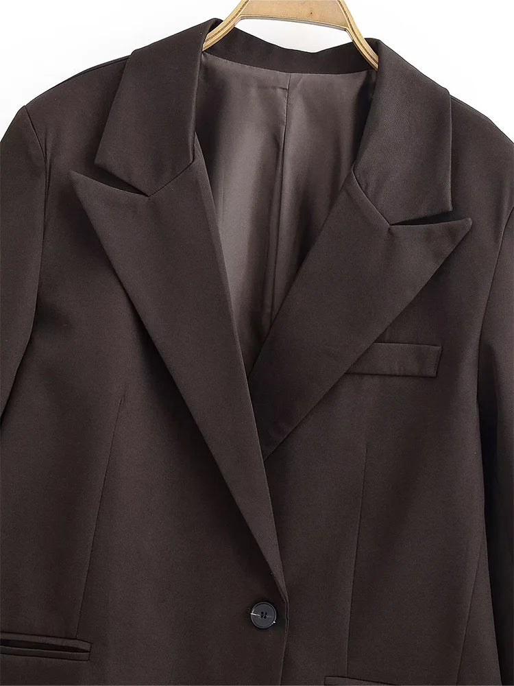 HH Women Fashion Solid Blazer Female High Street Pockets Turn-down Collar Single Button Commuter Casual Long Sleeve Autumn Coat