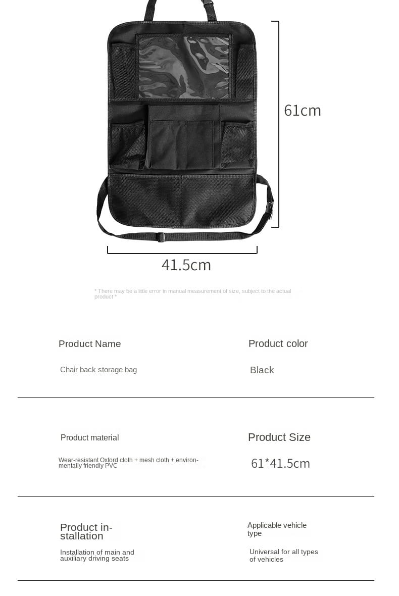 Black car backseat organizer with tablet holder showing rear side made of wear-resistant oxford cloth and mesh with multiple compartments for vehicle storage.