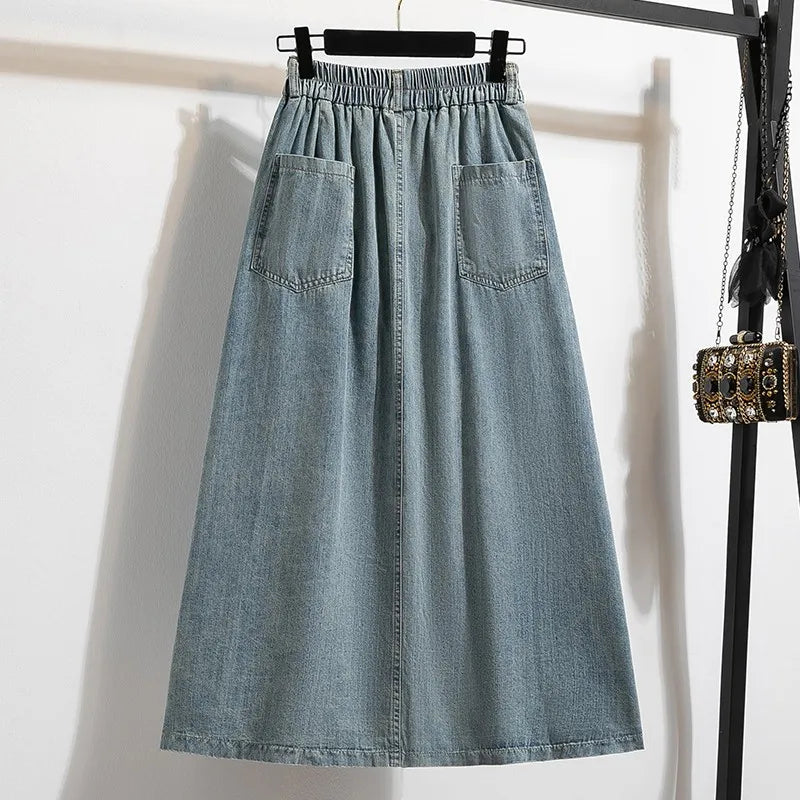 High Waist Casual Denim Skirts Women New Arrival 2024 Vintage Style Single-breasted Basics Female A-line Long Skirts B3848