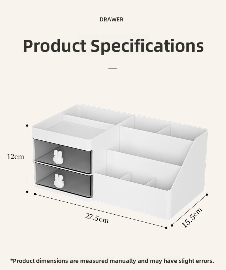 white plastic storage box with large capacity and modern minimalist style featuring two drawers with bunny-shaped handles and multiple compartments for organized storage