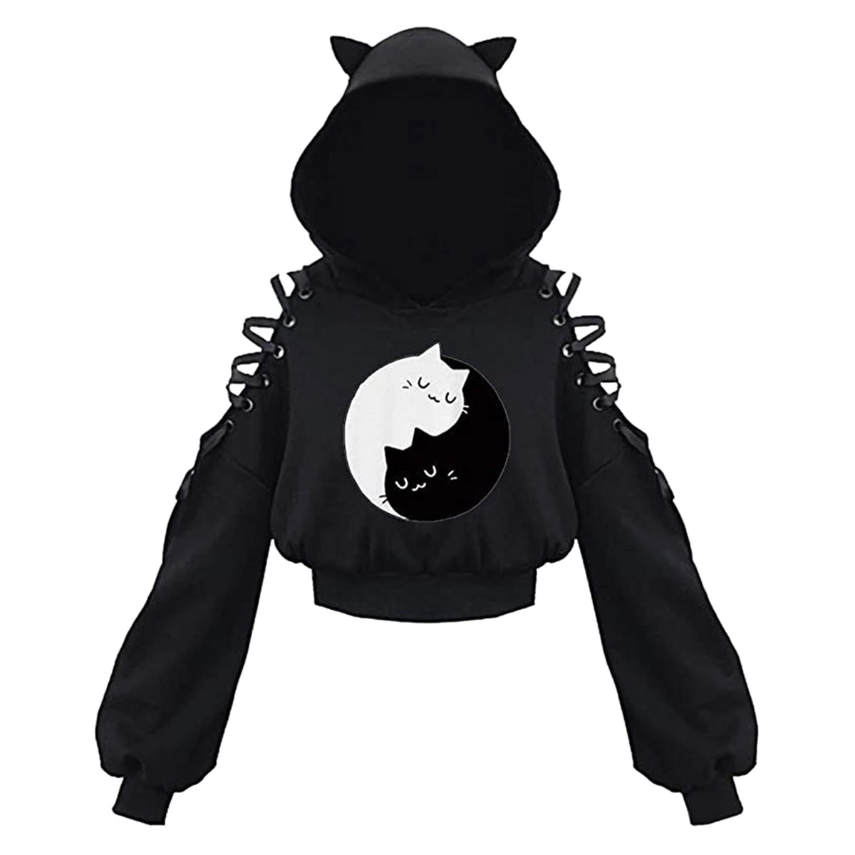 Women Long Sleeve Hoodies Kawaii Cat Ears Hoodie Gothic Punk Harajuku Cold Shouler Bandage Gothic Black Sweatshirts
