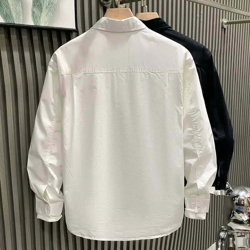 Men printed casual long sleeve white shirt with minimalist design and subtle stitching details.