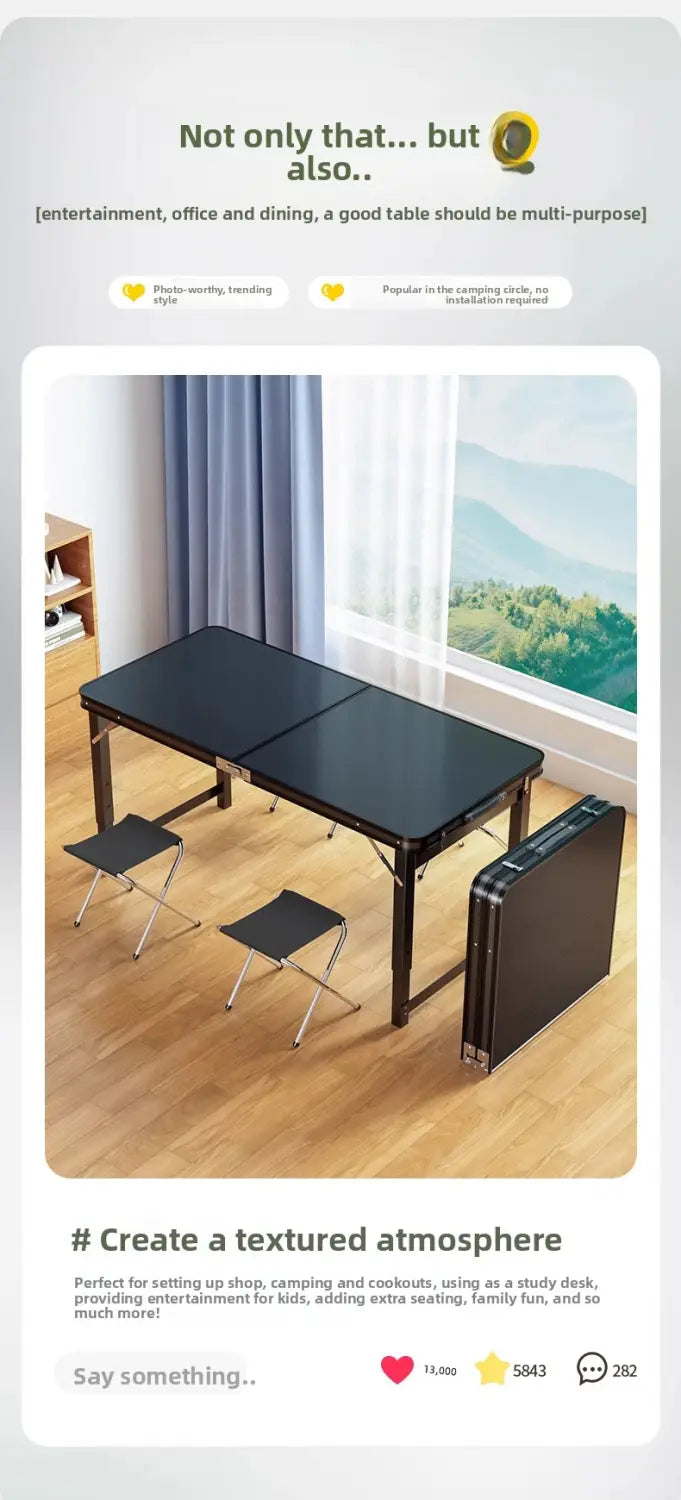 調節可能な高さに対応し、屋外でのキャンプ食事用またはオフィス用としても多用途に活用できる、ブラックの折りたたみ式ピクニックテーブルとお揃いのスツール（セット）