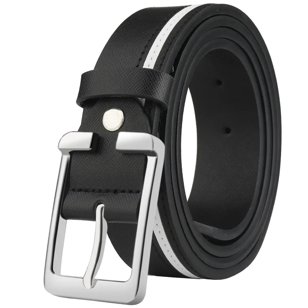 Men leather belt featuring black leather with a white braided contrast stripe and a silver toned buckle.